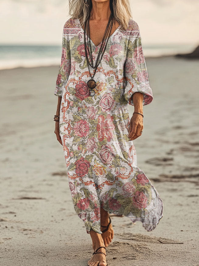 Women's Floral Embellished Pattern Art Print Pocket Cotton Dress