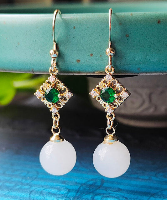 White 14k Gold Inlaid Gem Stone Jade Zircon Drop Earrings