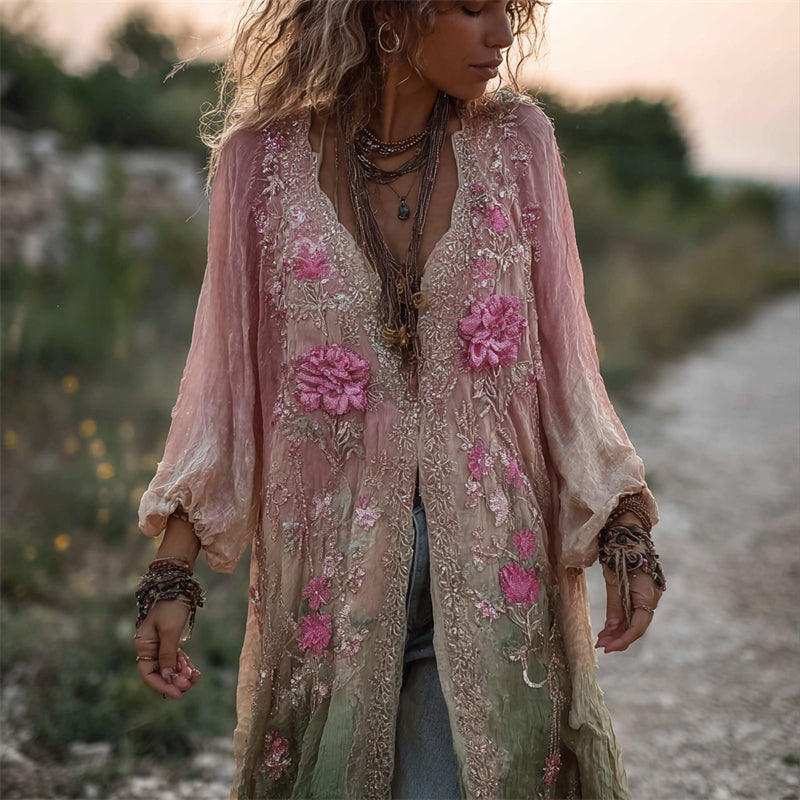 Vintage Flowers Lace Fiber Art Gradient Linen Cardigan elevenforest