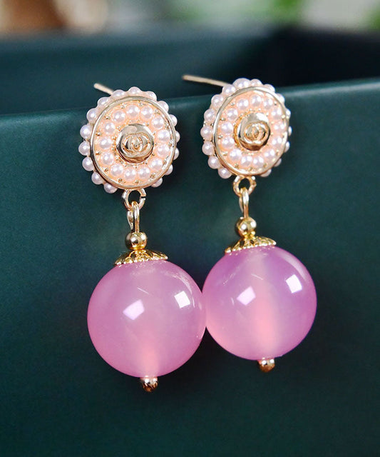 Pink Sterling Silver Pearl Chalcedony Ball Drop Earrings