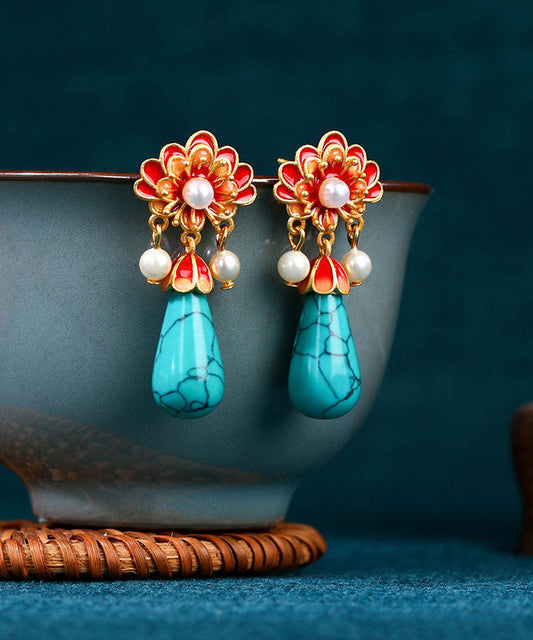 Retro Colorblock Ancient Gold Overgild Inlaid Pearl Enamel Drop Earrings