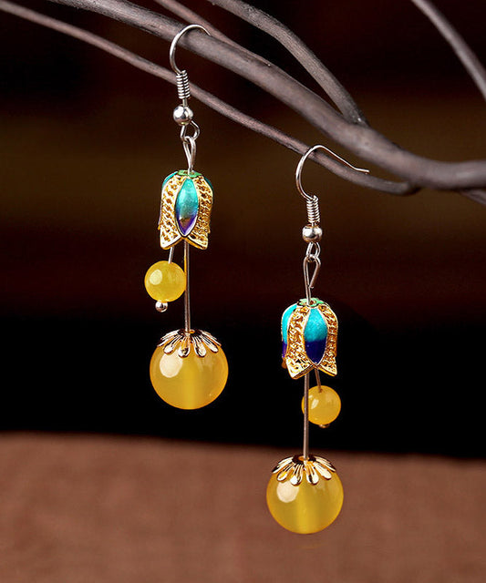 Skinny Yellow Jade Cloisonne Drop Earrings