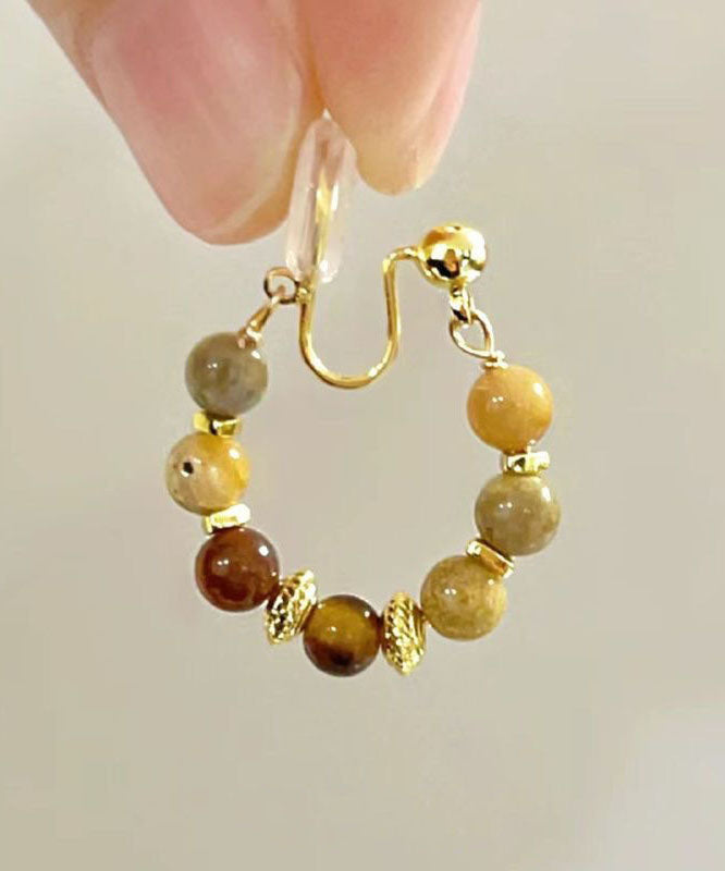 Retro Brown Copper Overgild Tiger's-eye Broken Hoop Earrings