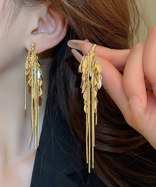 Skinny Gold Copper Alloy Leaf Ear of Wheat Tassel Drop Earrings