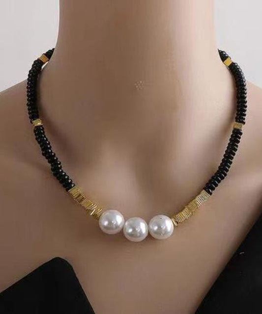 Black Alloy Pearl Beading Gratuated Bead Necklace