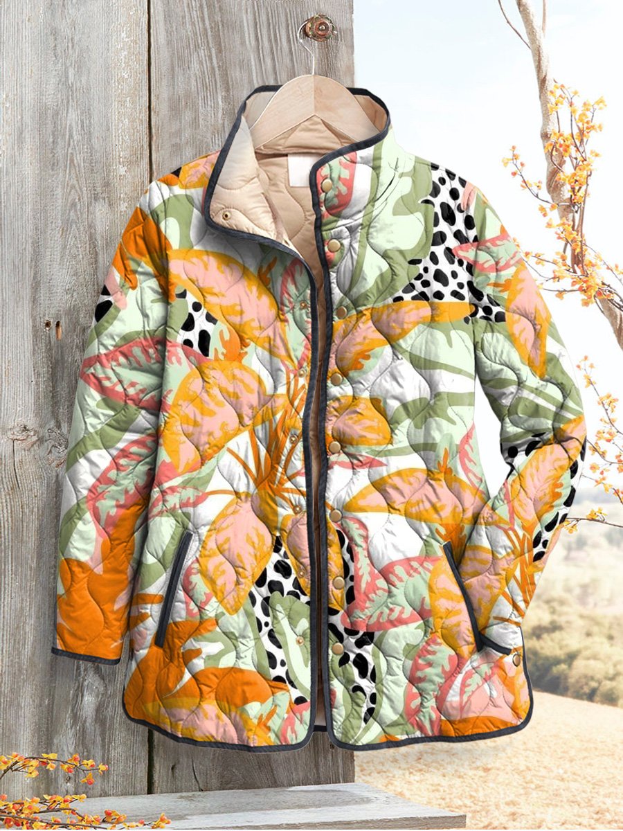 Women's Vintage Colorful Leaf Art Pattern Print Casual Quilted Cardigan
