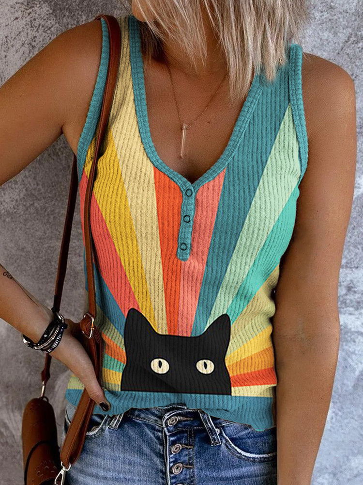 Rainbow Cat Print Button Knit Tank Top elevenforest