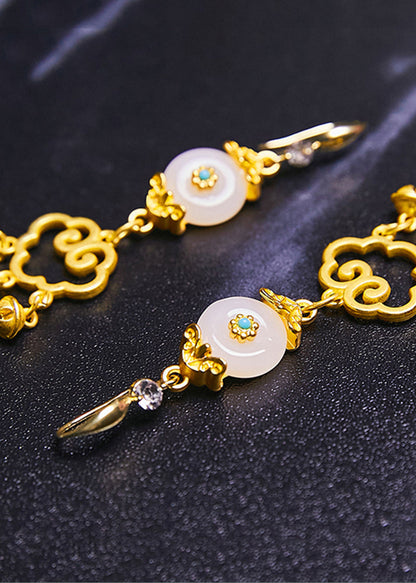 Fine White Jade Auspicious Clouds Small Bell 14k Gold Drop Earrings