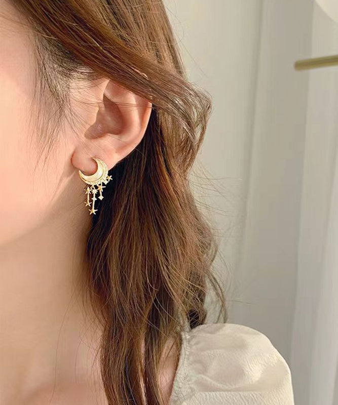 Gold Sterling Silver Overgild Zircon Moon Star Drop Earrings