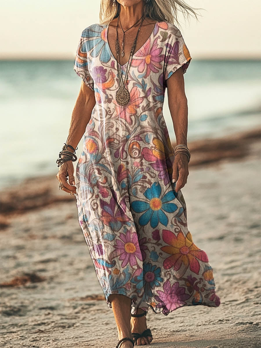 Women's Bohemian Floral Patterns Short Sleeve Pocket Cotton Linen Dres
