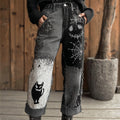 Women's Halloween Black Cats And Spooky Face Embroidery Vintage Washed Jeans elevenforest