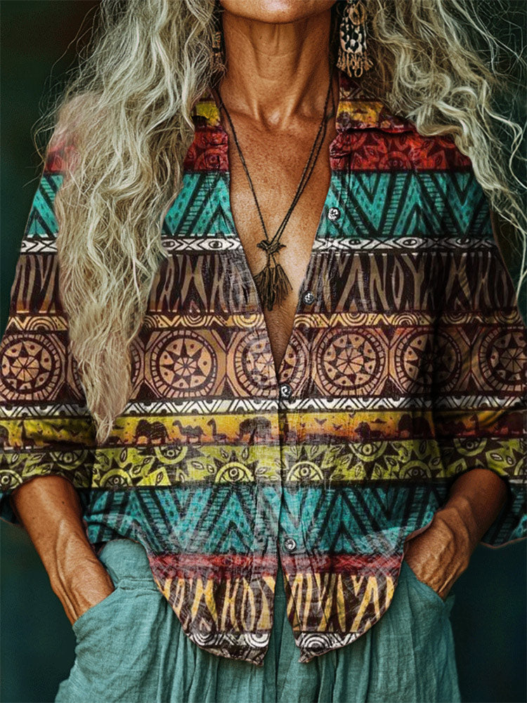 Women's Ethnic Tribal Art Painting Printed V Neck Shirt