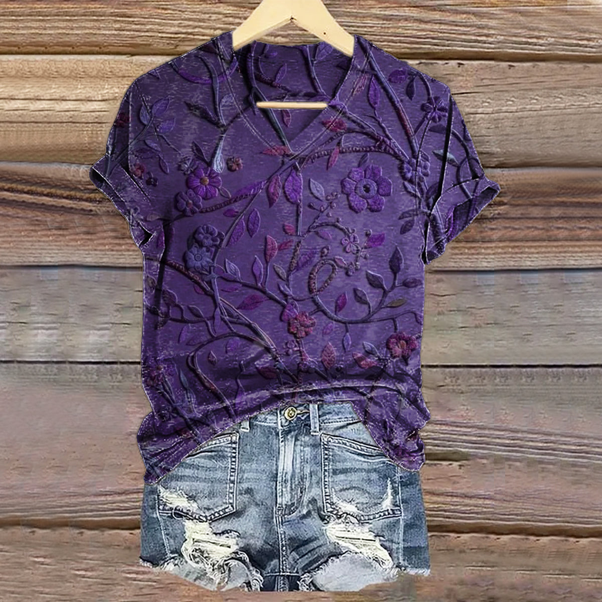 Women's Vintage Floral Texture Art Print V-neck Casual T-Shirt