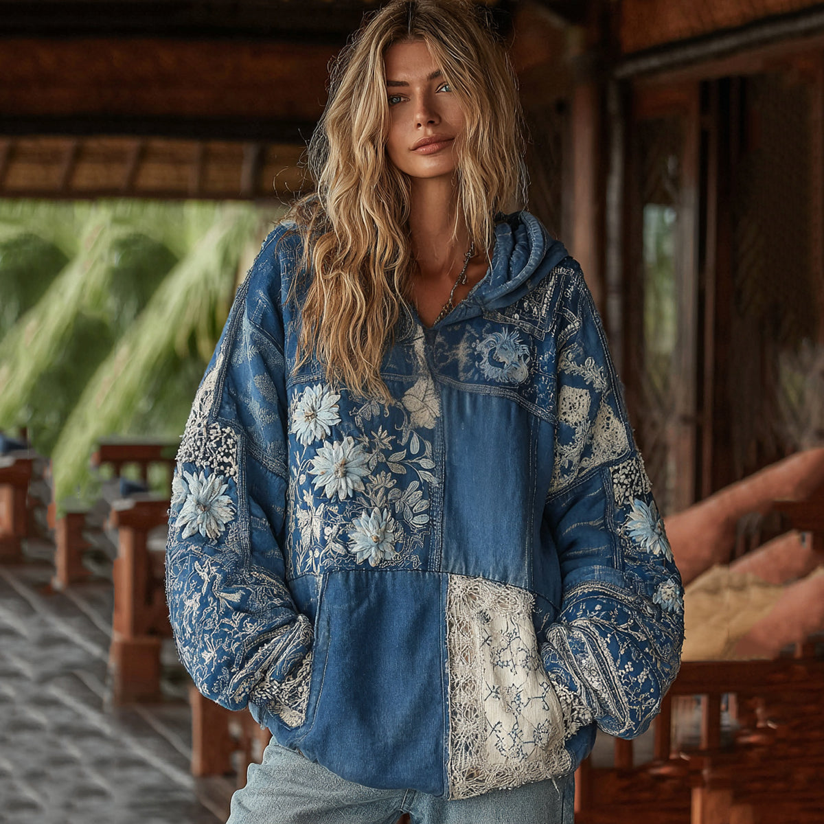 Vintage Bohemian Floral With  Japanese Traditional Sashiko Patchwork Art Embroidery Inspired Washed Hoodie artswardrobe