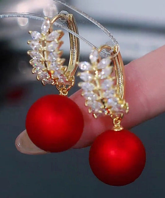 Diy Red Copper Alloy Zircon Gem Stone Drop Earrings