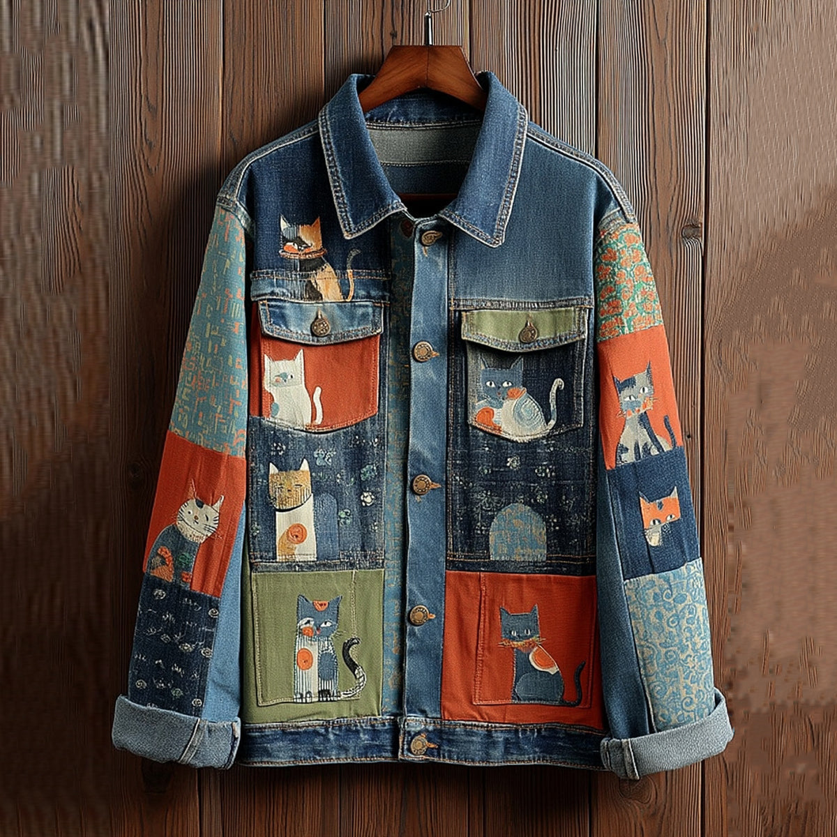 Women's Cute Sashiko Embroidery Patchwork Cat Denim Jacket elevenforest