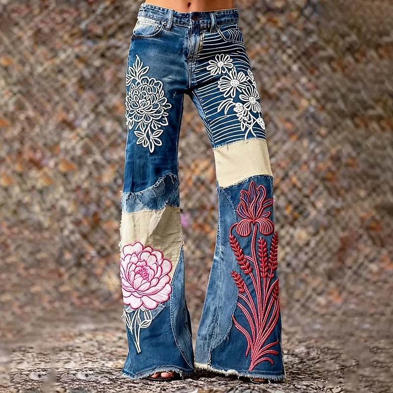Women's Bohemian Style Patchwork Floral Patchwork Art Jeans elevenforest