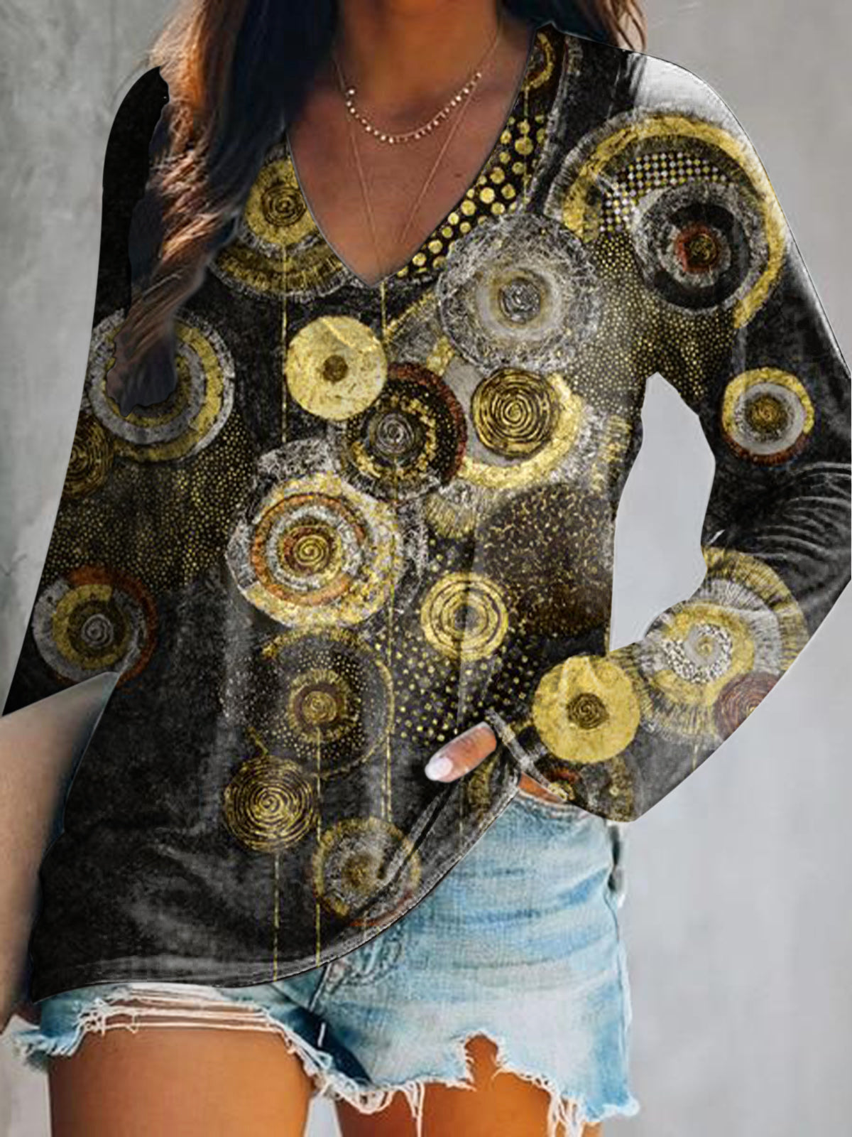 Women's Casual Bohemian Floral Art Print V Neck Long Sleeve Tops