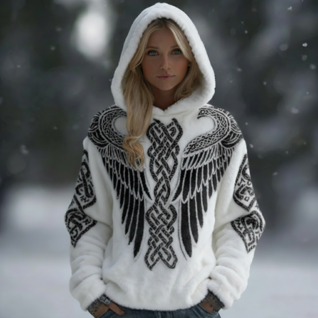 Comstylish Women's Viking Celtic Knot With Wings Inspired Art Plush Warm Flannel Hoodie