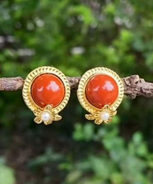 Red Sterling Silver Overgild Agate Pearl Stud Earrings