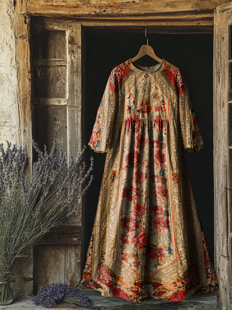 Women's Vintage Ethnic Floral Print Flowy Cotton Crew Neck Dress