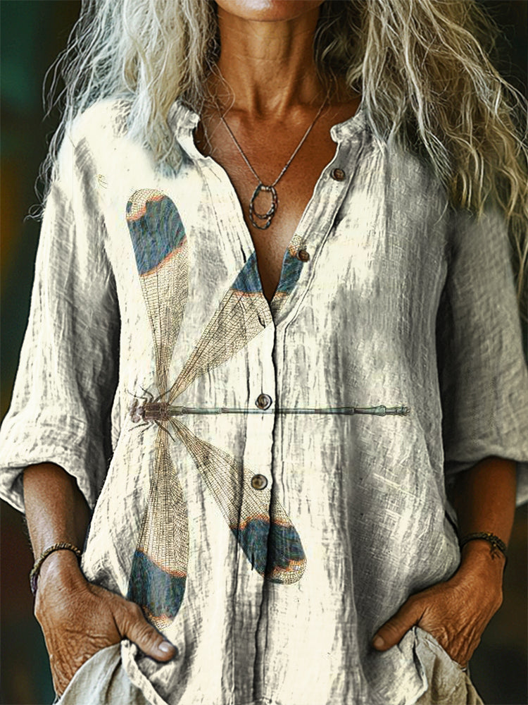 Women's Dragonfly Pattern Art Print Casual Cotton Linen Shirt