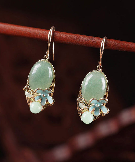 Green Copper Pearl Jade Cloisonne Drop Earrings