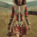 Women's Vintage Skull Rib Flower Pattern Color Block Knit Mini Dress artswardrobe