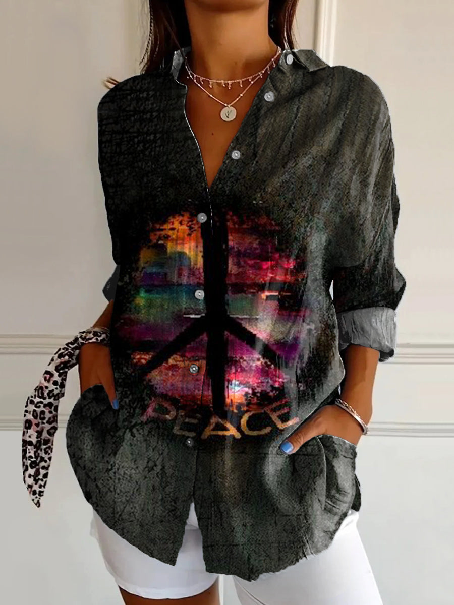 Women's Hippie Peace Art Print Casual Cotton Shirt