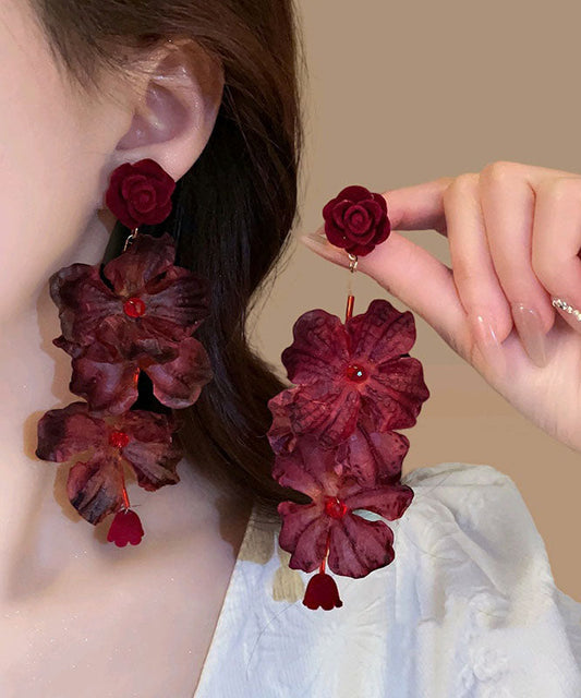 Mulberry Fabric Resin Rose Tassel Drop Earrings
