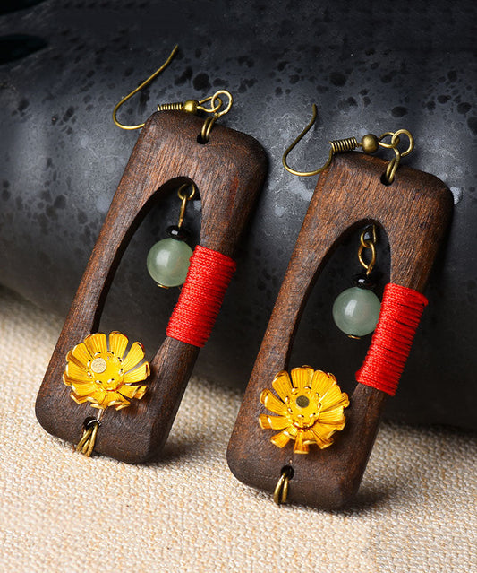 Retro Dark Brown Copper Jade Rectangular Wooden Block Drop Earrings