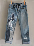 Cats Geometric Patchwork Art Embroidered Washed Jeans elevenforest