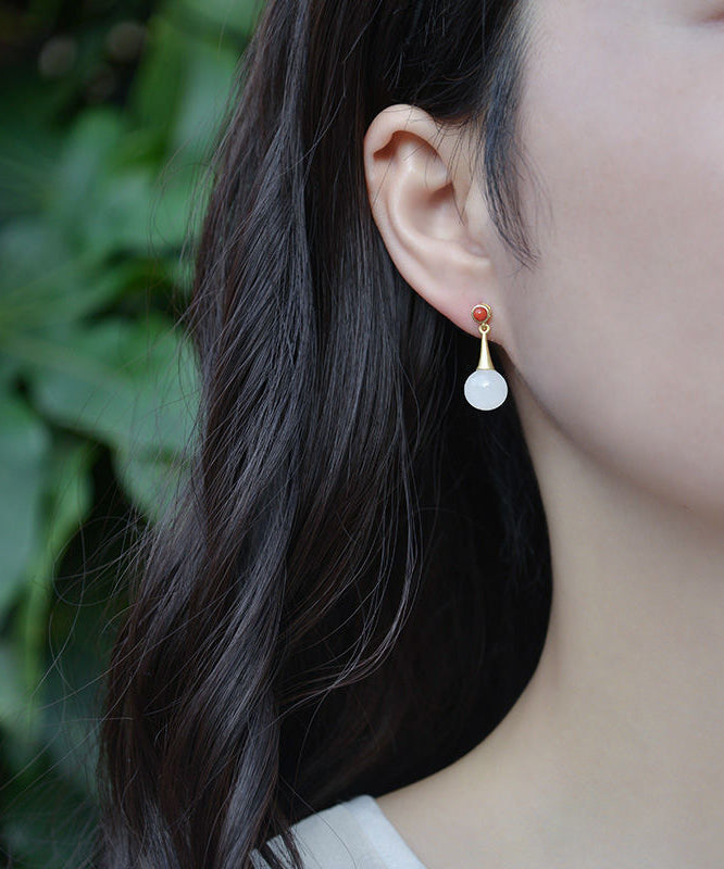 Classy White Metal Inlaid Jade Stud Earrings