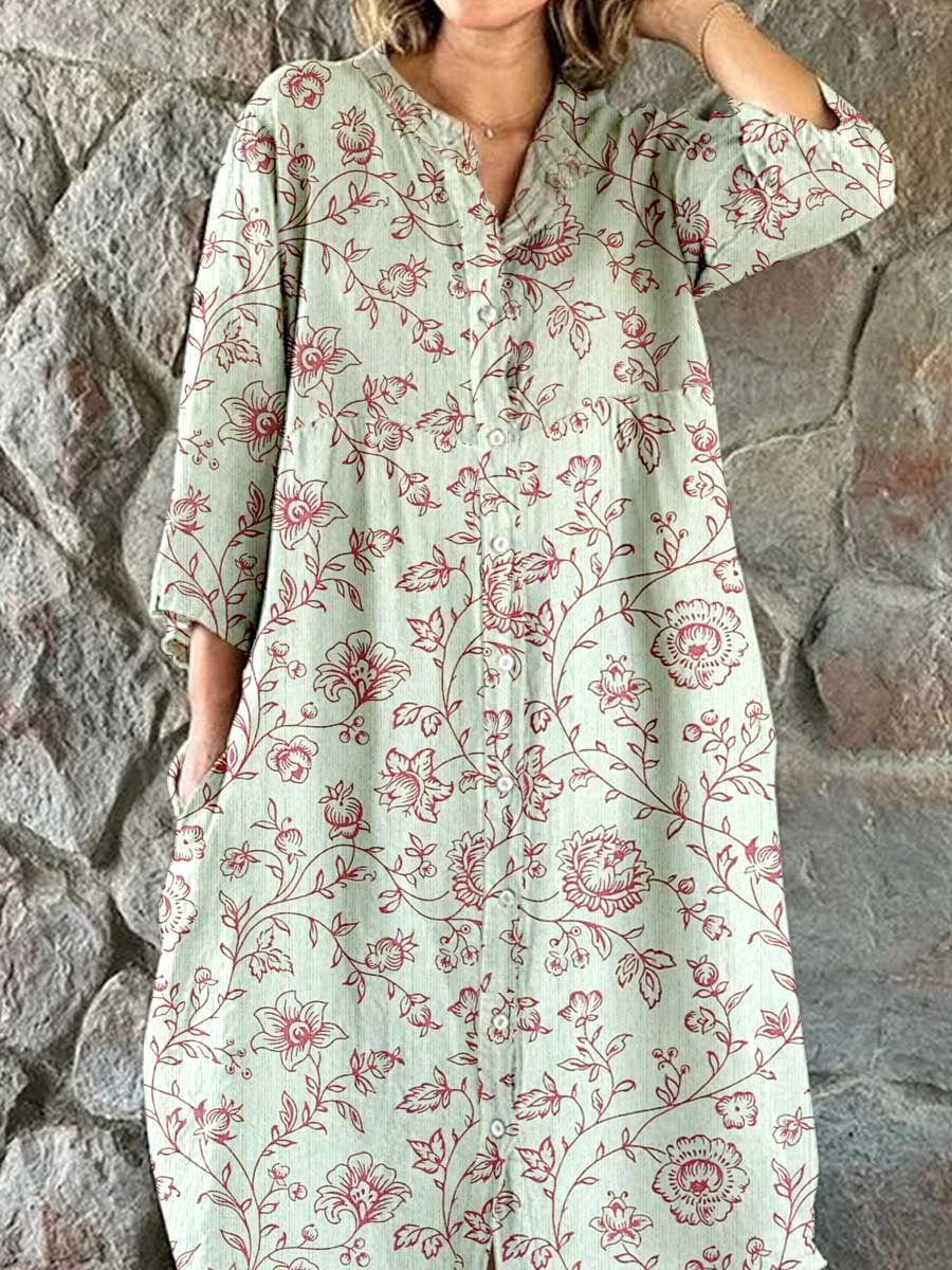 Women's Elegant Vintage Floral Pattern Shirt Style Cotton and Linen Dr