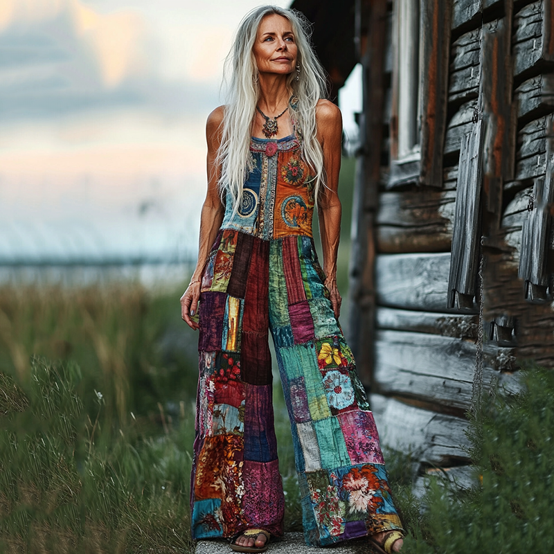 Women's Floral Patchwork Linen Print Cotton Linen Jumpsuit artswardrobe