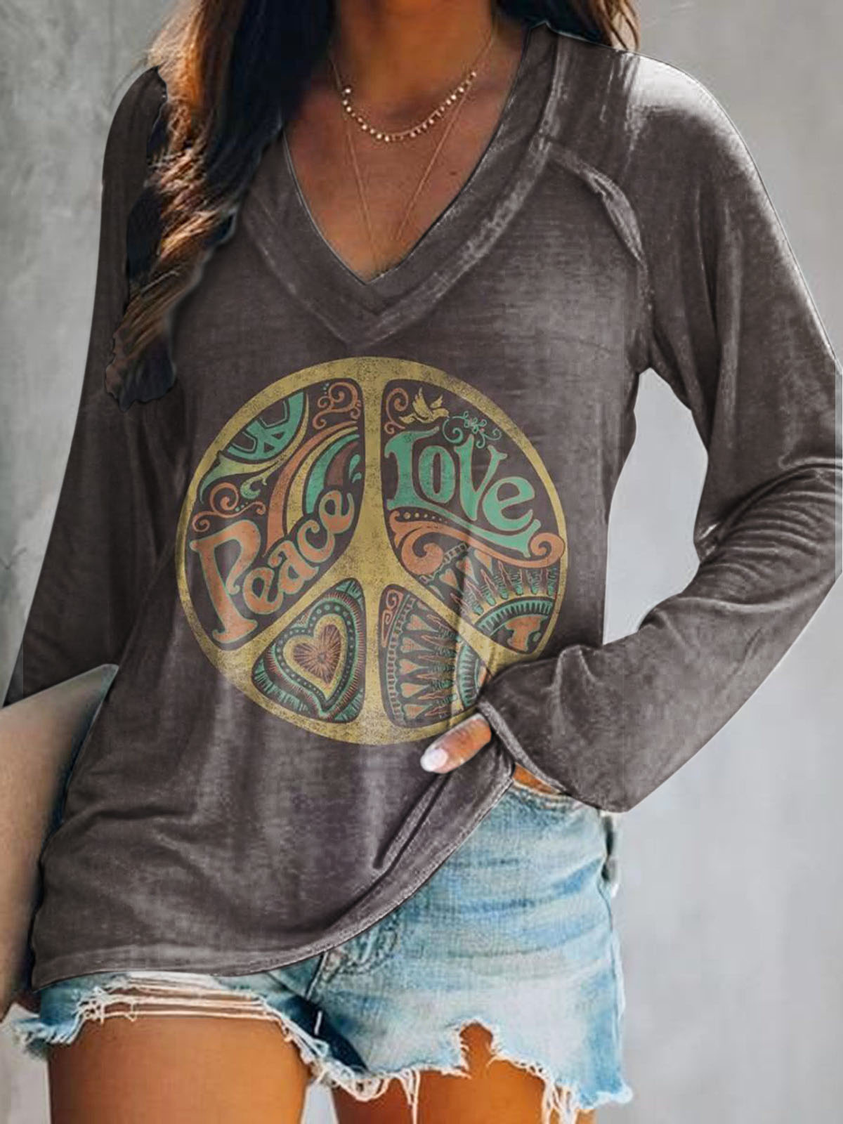 Women's Hippie Art Print V-Neck Long Sleeve Top
