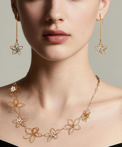 Fine Gold Metal Alloy Hollow Out Lariat Necklace and Drop Earrings Two-piece Set