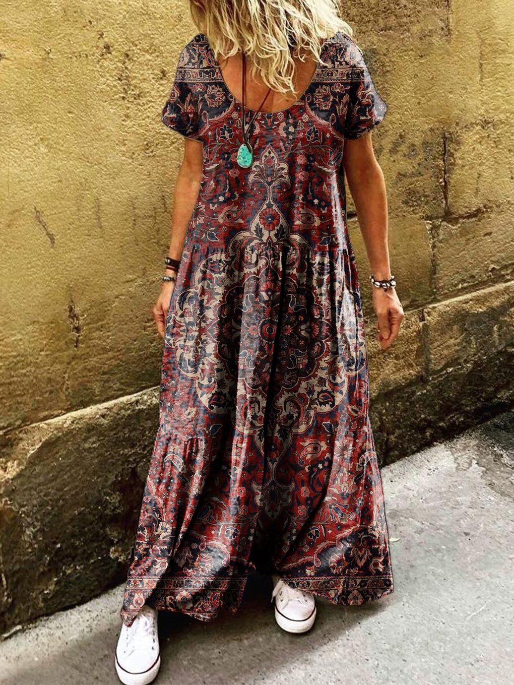 Women's Ethnic Pattern Art Printed Pocket Short Sleeve Cotton Dresses