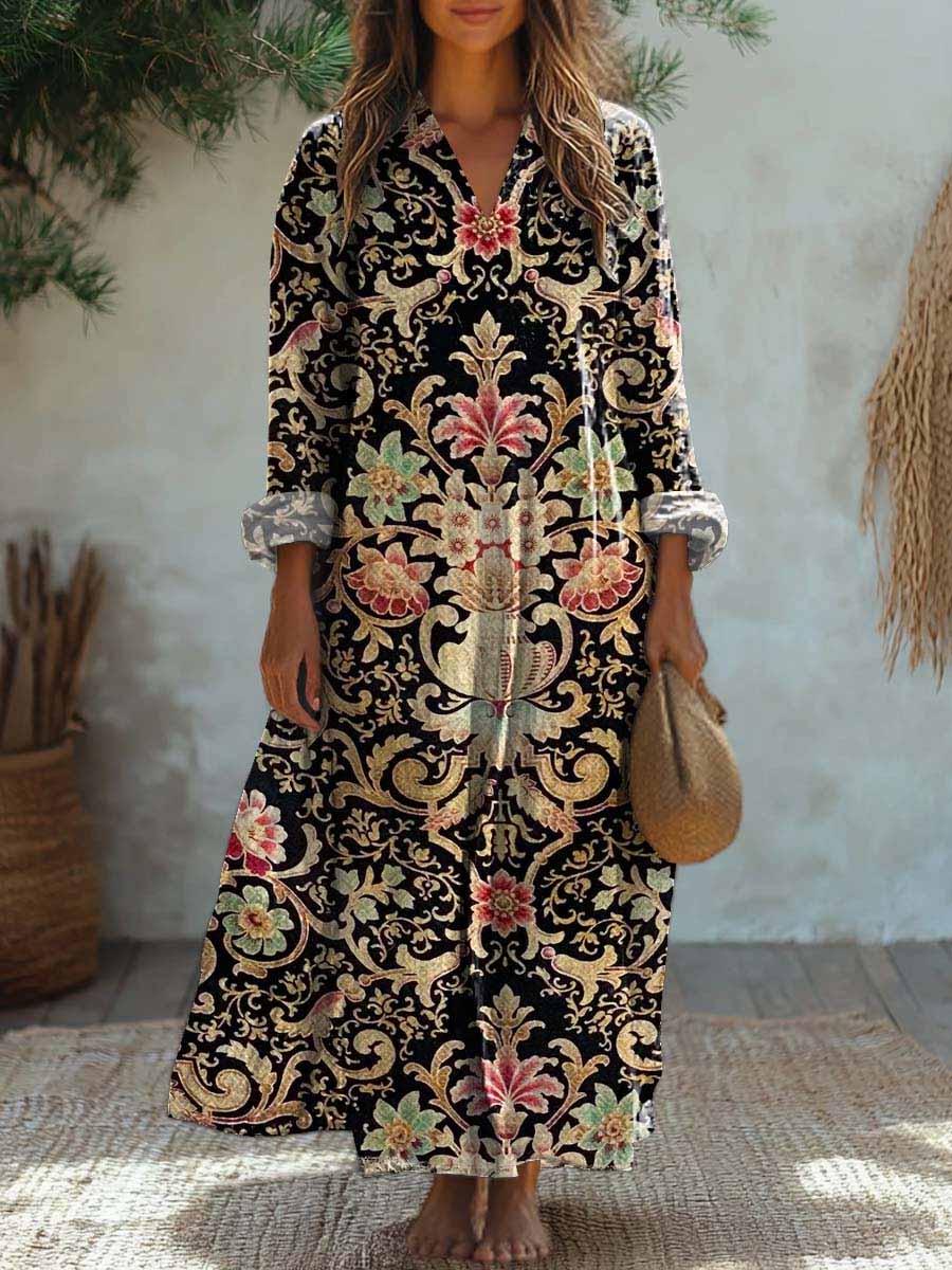 Women'S Vintage Floral Pattern Long-Sleeved Cotton And Linen Dress