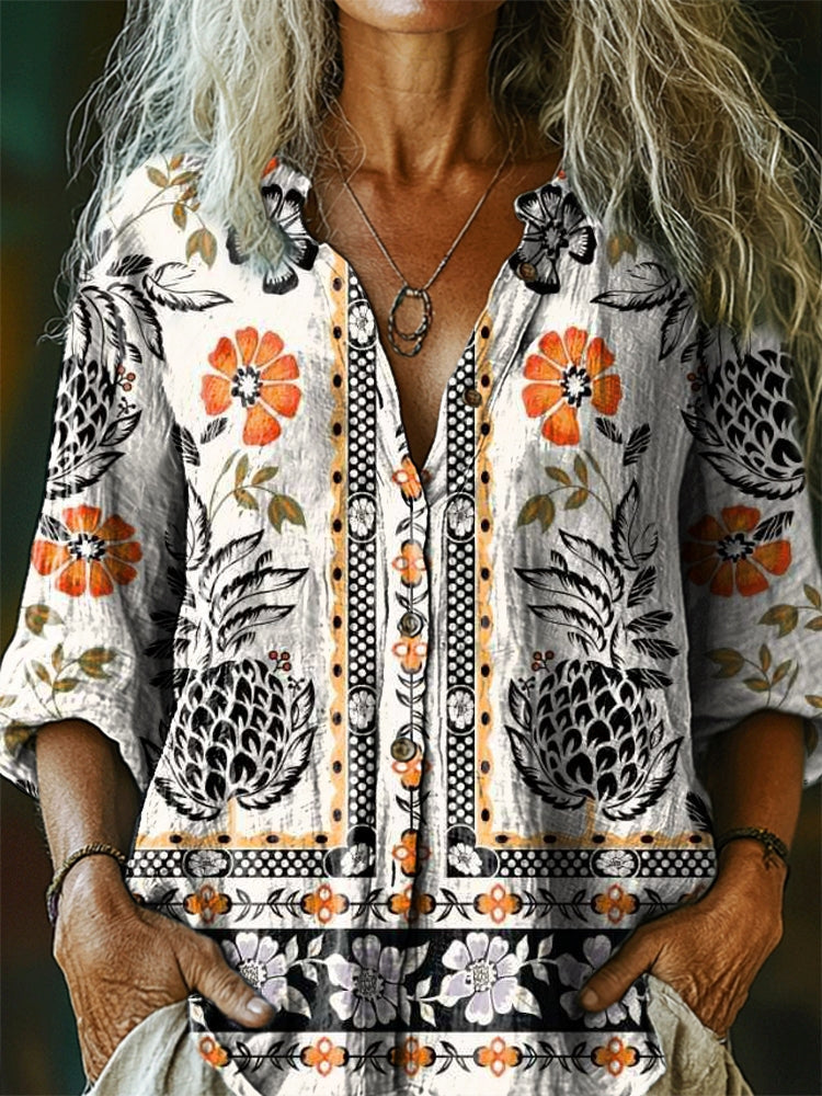 Women's Vintage Ethnic Floral Tattoo Pattern Art Print Casual Cotton L