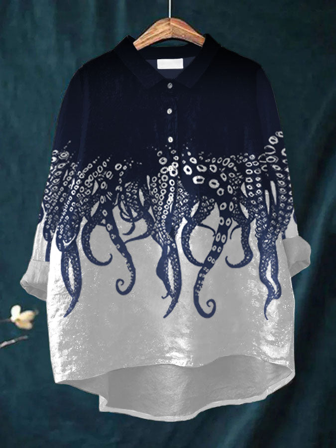 Women's Casual Japanese Art Ocean Octopus Print Shirt