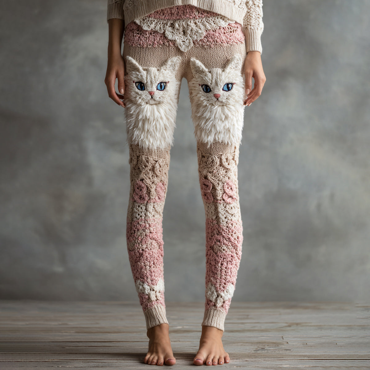 Women's Cute Cat Face Embroidered Cozy Leggings elevenforest