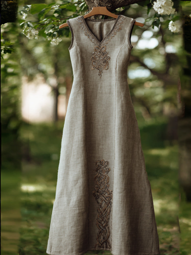 Viking Embroidery Small V-neck Sleeveless Long Dress artswardrobe