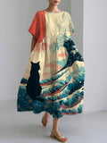 Women's Casual Japanese Art Black Cat Print Dress elevenforest