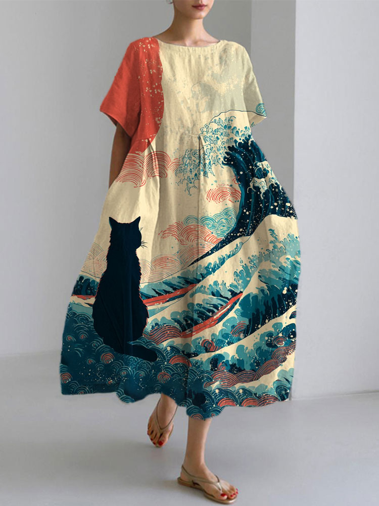 Women's Casual Japanese Art Black Cat Print Dress elevenforest