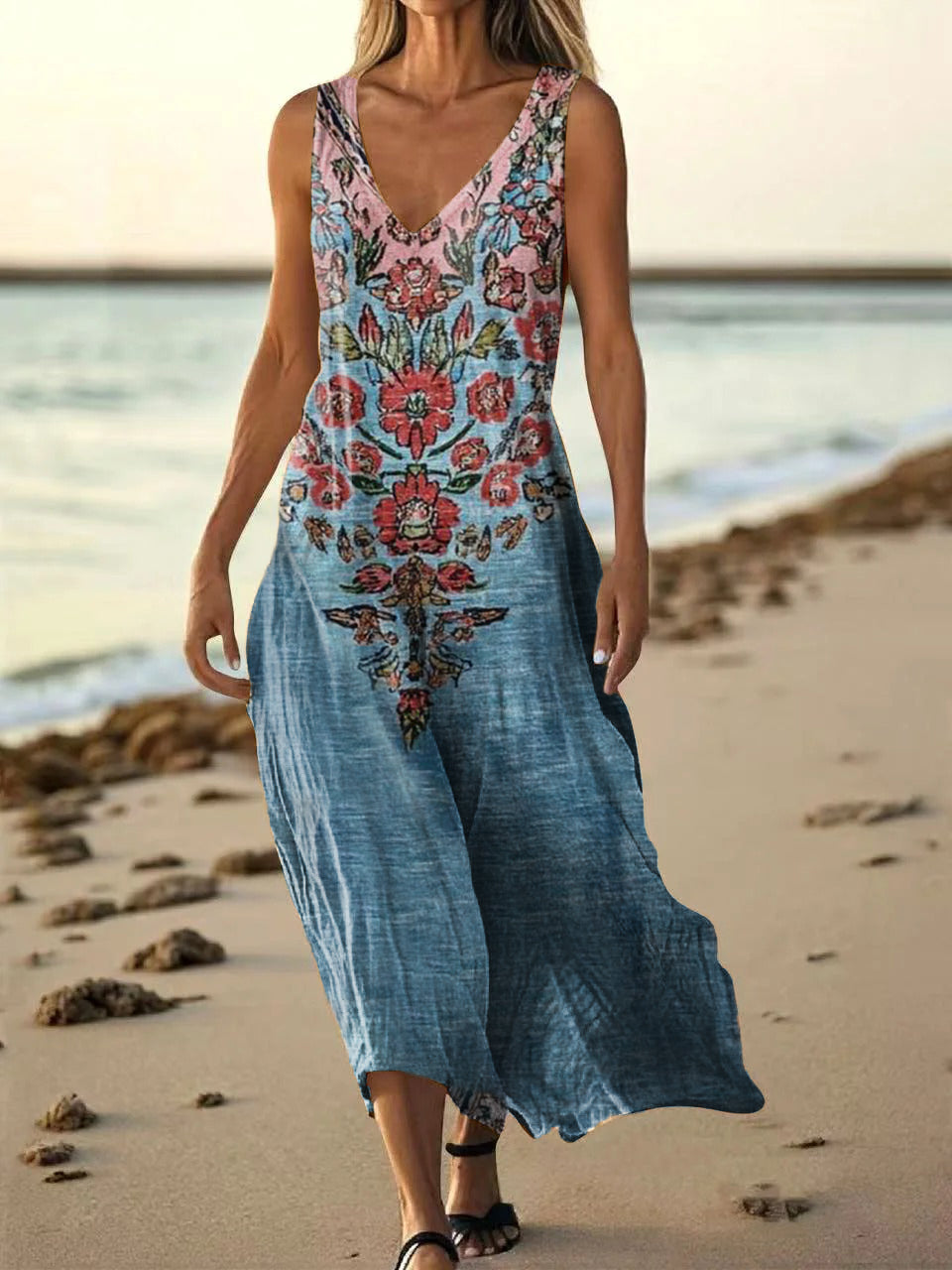 Women's Bohemian Floral Art Print Pocket Cotton Dress