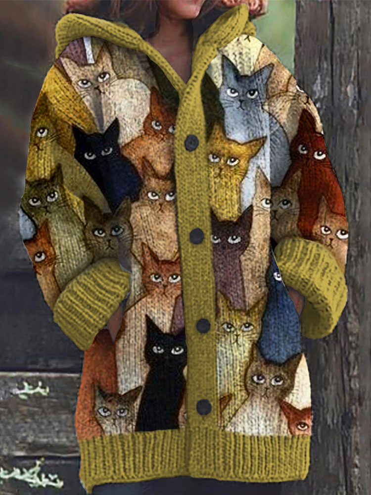 Colorful Cats Pattern Cozy Hooded Cardigan elevenforest