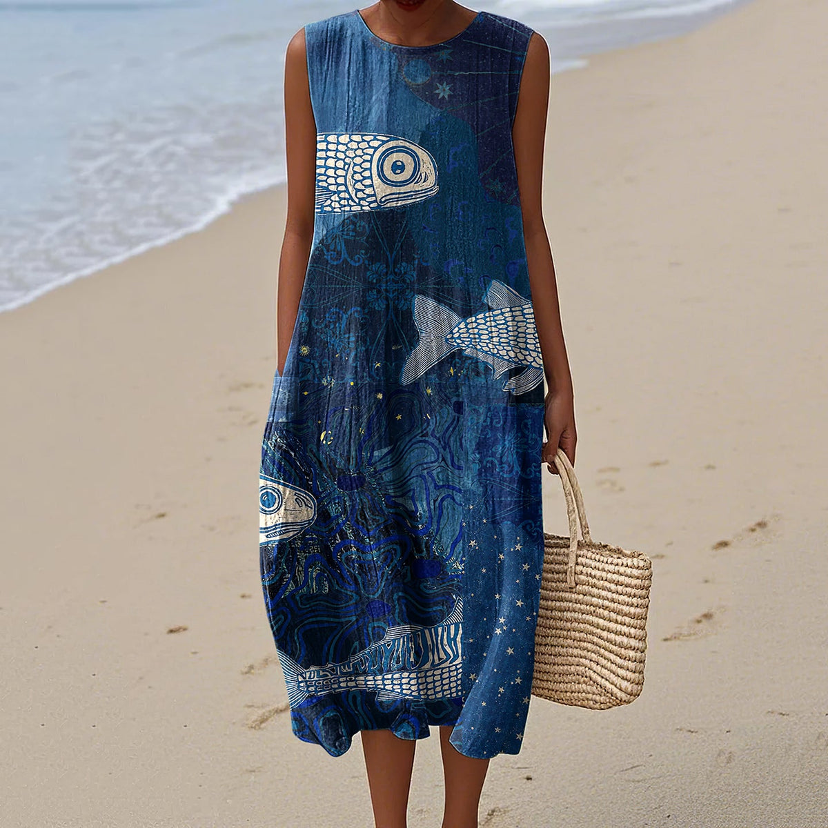 Vintage Ocean Sardines Art Print Crew Neck Dress artswardrobe