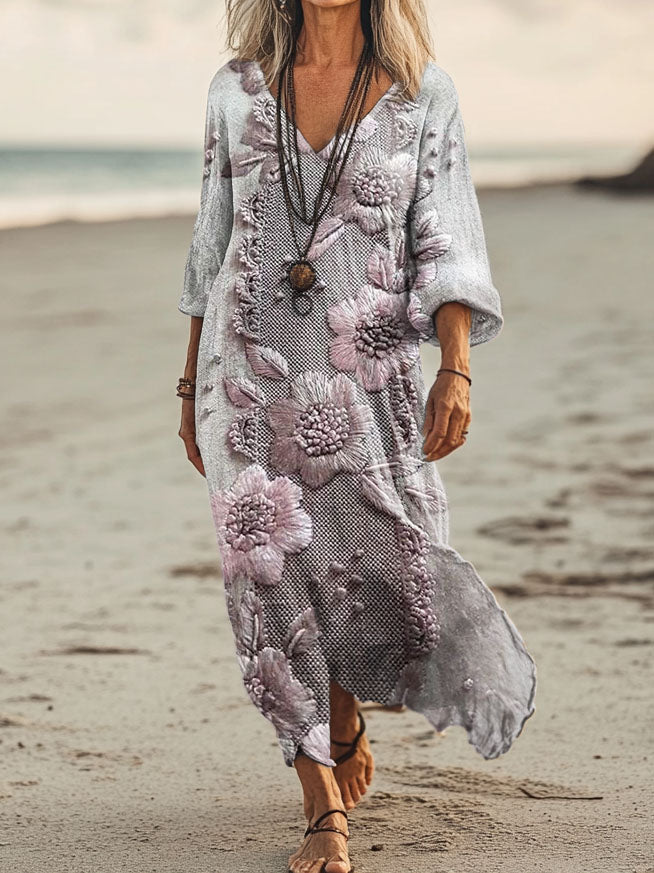 Women's Floral Embellished Pattern Art Print Pocket Cotton Dress