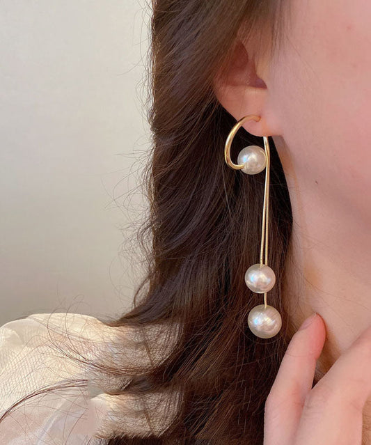 White Copper Pearl Tassel Drop Earrings